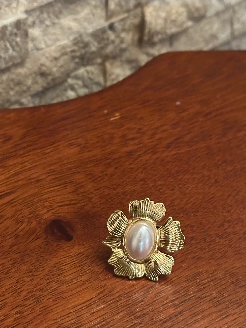 Gold Flower Pearl Center Statement Open Ring